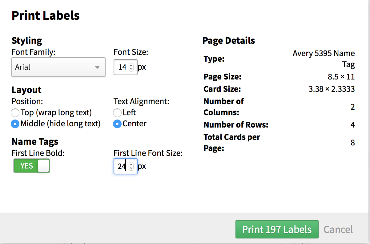 Veracross Label Formatting screen