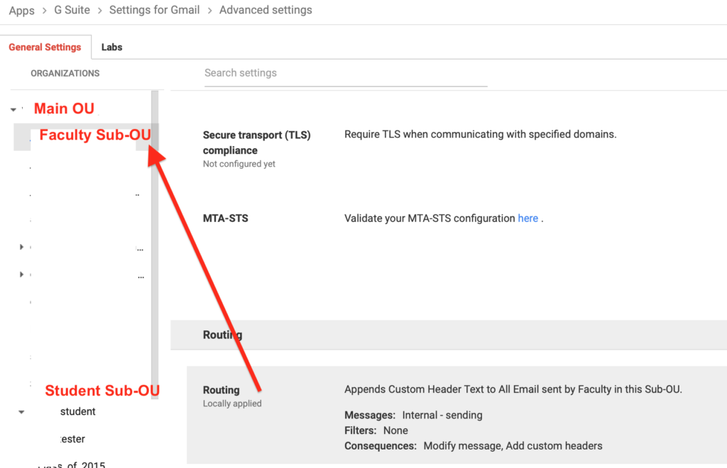 Organizational Units Email Advanced Settings