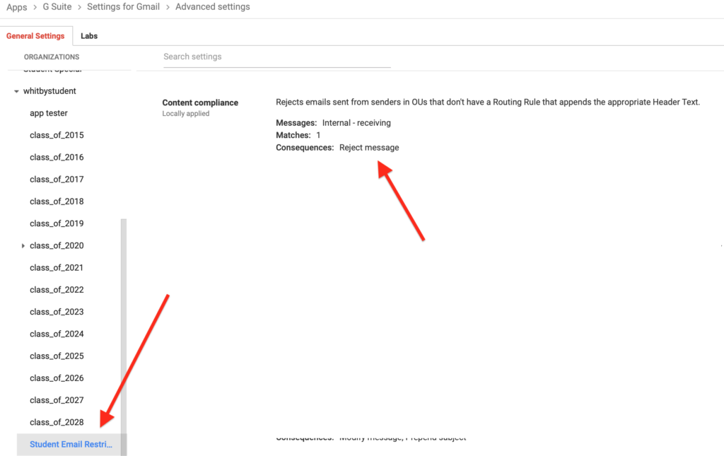 Organizational Units Email Advanced Settings